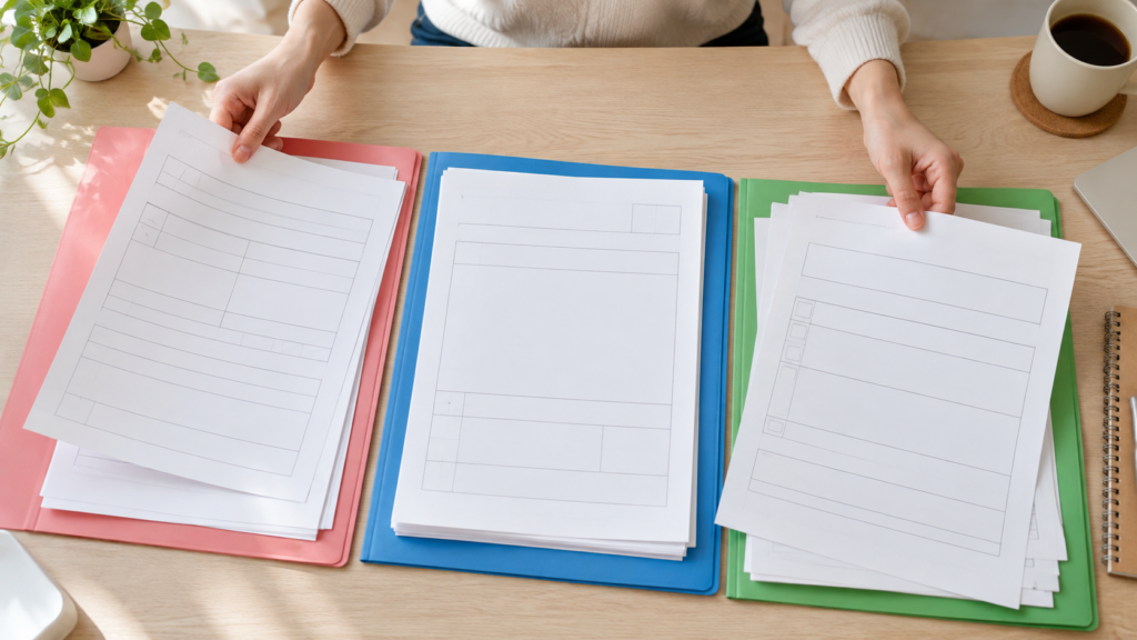 用途の異なる書類をフォルダーごとに分ける様子