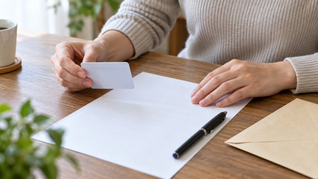 再交付申請の本人確認資料と書類を準備する様子