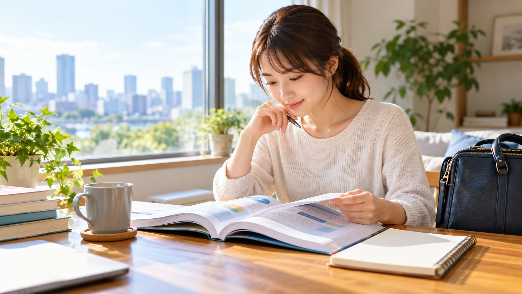 仕事を続けながら学び直すため教材と休暇計画を準備する会社員