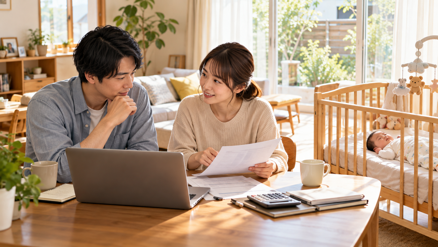 赤ちゃんを見守りながら育児休業と給付の準備を相談する夫婦