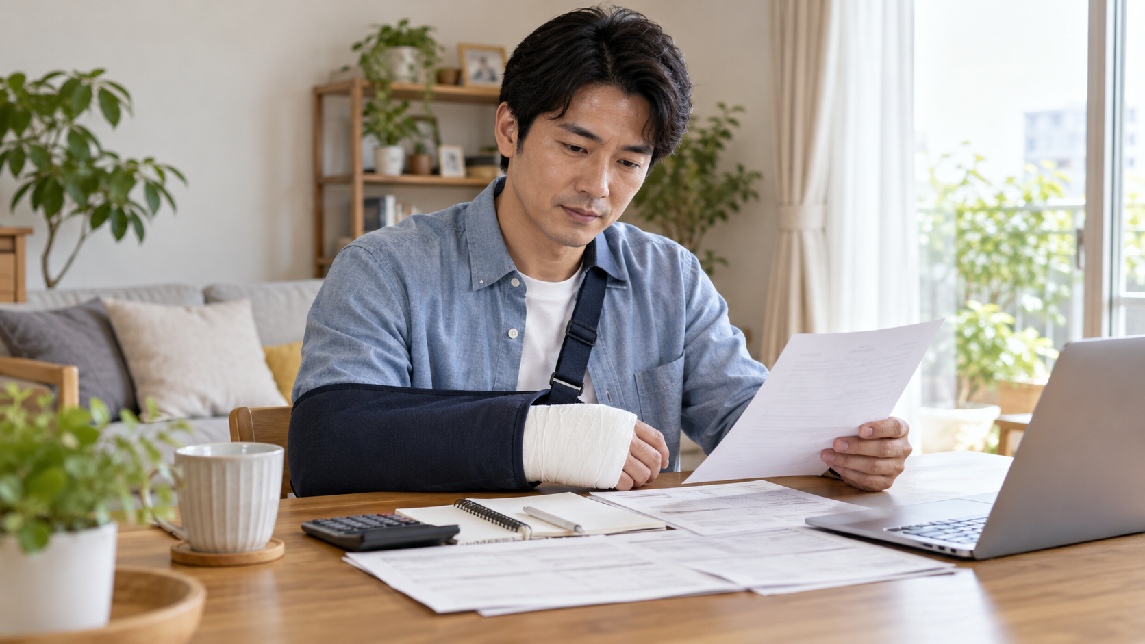 腕を保護しながら自宅で生活費書類を確認する会社員のイメージ