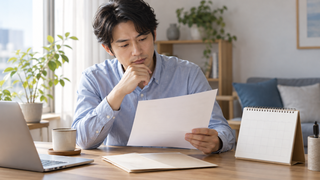 契約書と予定表を前に雇い止めの通知内容を確認する会社員