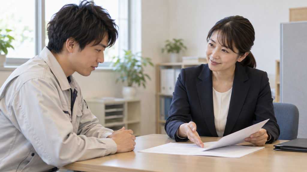 整理した契約資料を持って相談員と落ち着いて話す会社員