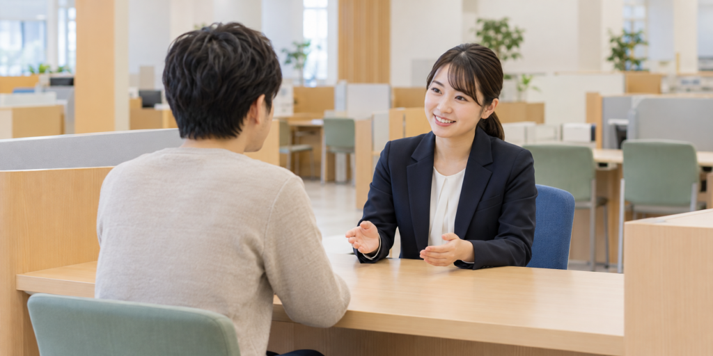 窓口で相談する二人