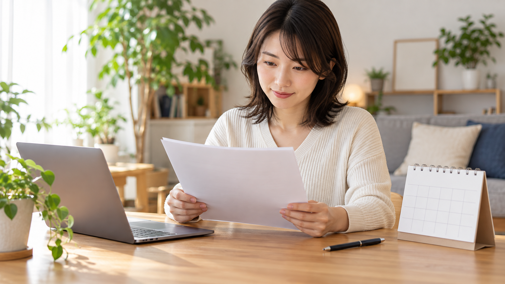 カレンダーとパソコンのある机で書類を読む人