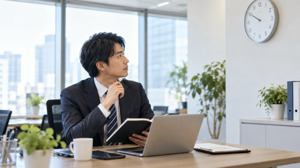 勤務時間を確認するオフィスの会社員