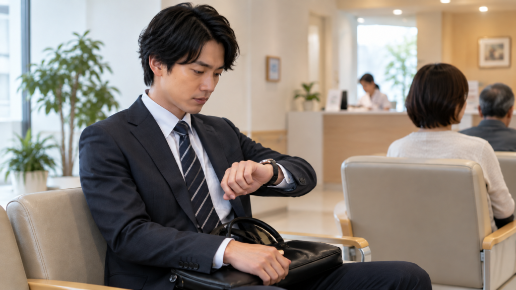 通院先で時間を確認する会社員