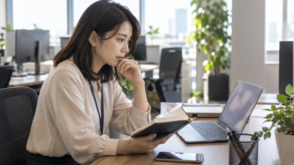 勤務予定を確認しながら連絡文を考える会社員