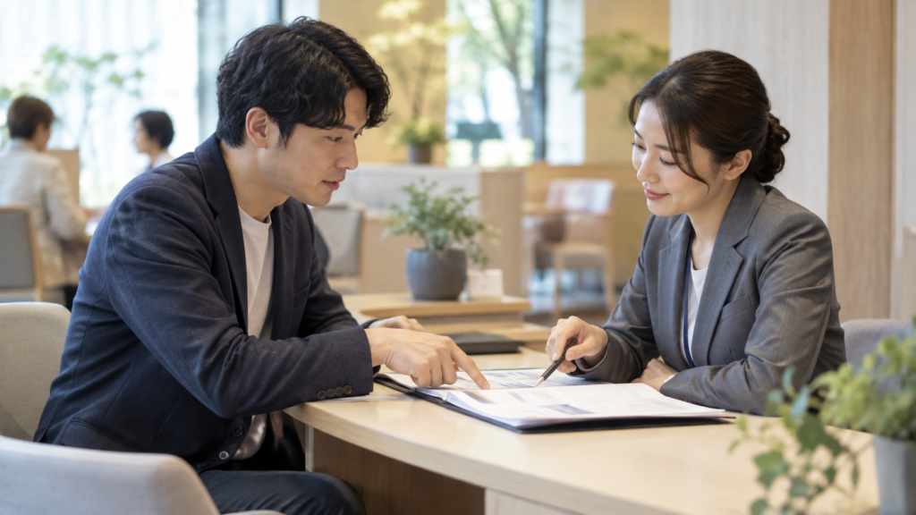資料をもとに勤務上の疑問を相談する人