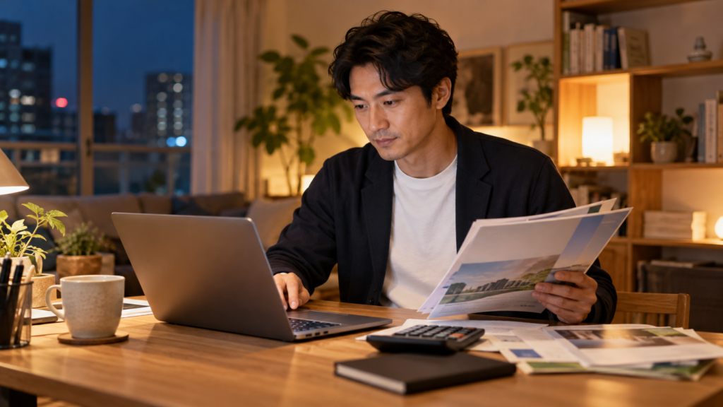 仕事帰りに自宅で講座の資料と家計を確認する会社員
