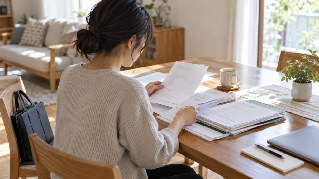 雇用保険の書類を見ながら受講条件を確認する会社員
