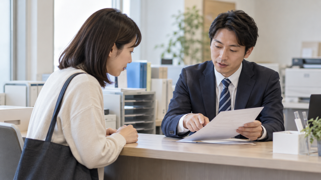 会社の担当者と健康保険の証明書について確認する場面