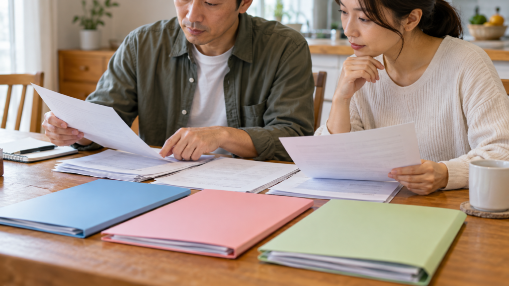 家族分の書類を分けて記載内容を確かめる手元
