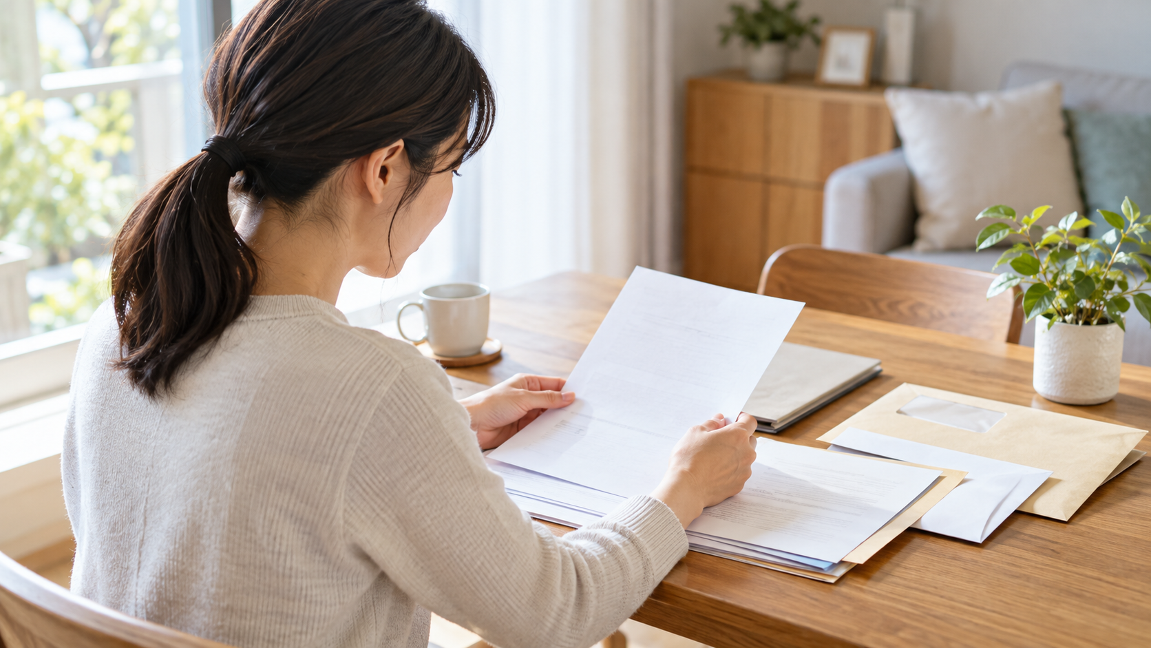 健康保険の切替に向けて書類と封筒を整理する人