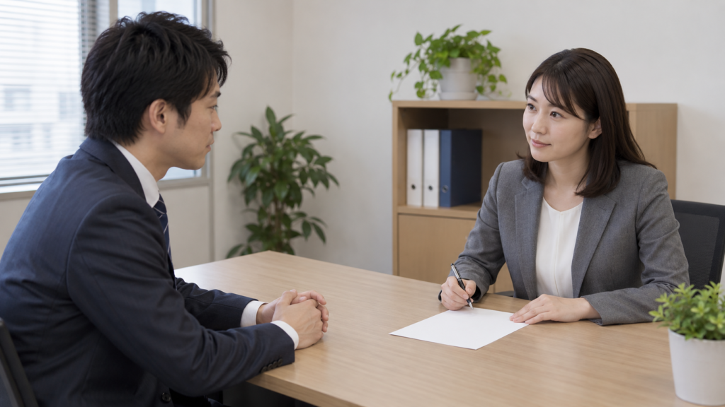 職場の担当者に健康診断の費用負担を確認する会社員