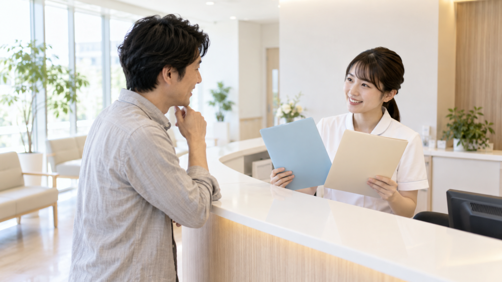 健診の基本コースと追加検査の資料を窓口で確認する人