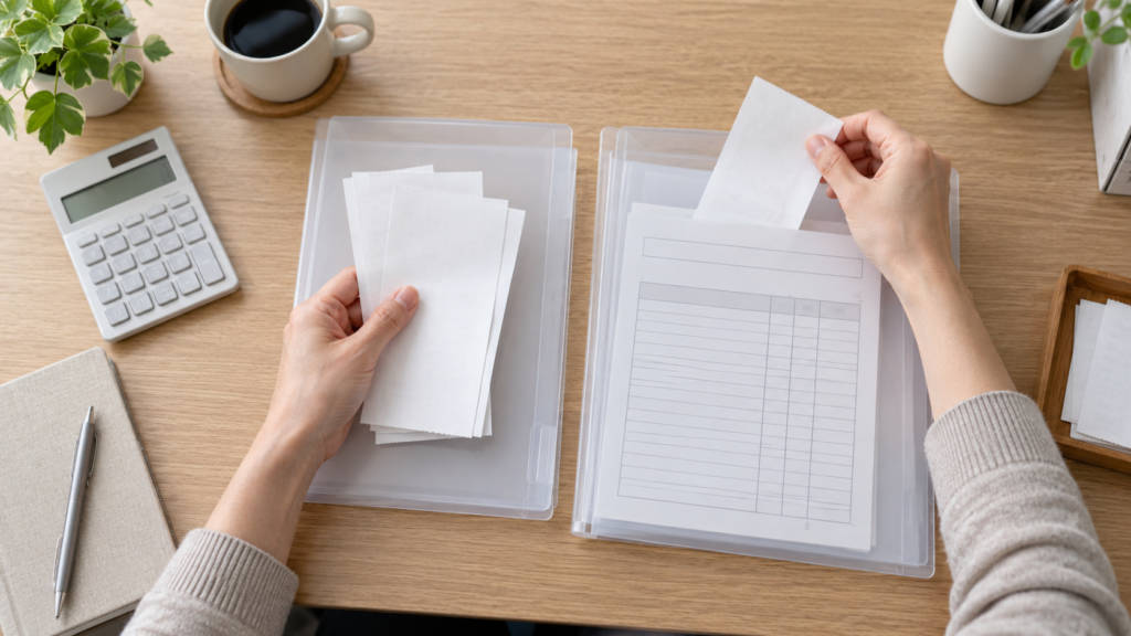 領収書と明細を整理して健診費用の精算を準備する手元