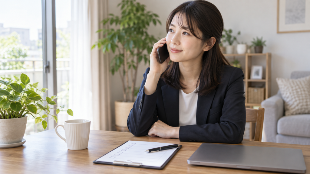 電話で健診予約と会社指定の項目を確認する会社員