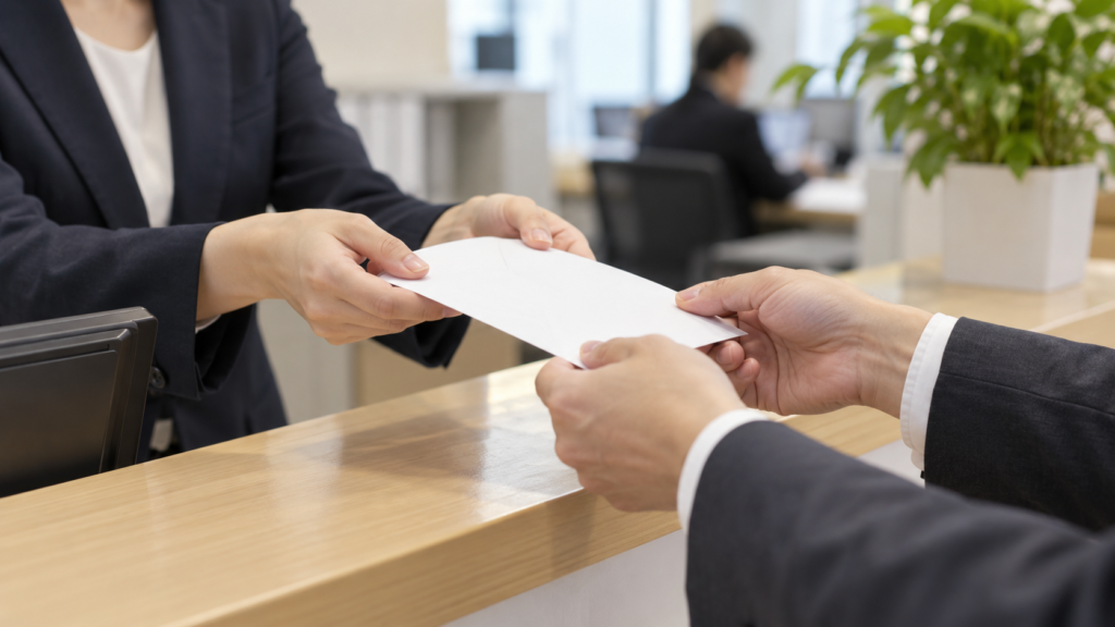 健診費用の申請書類を総務へ提出する場面
