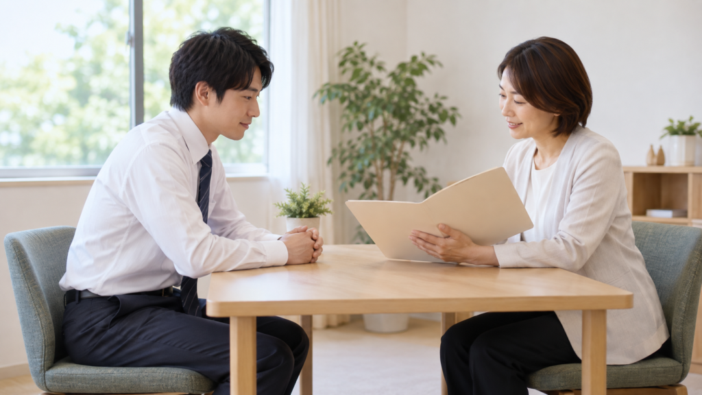 健診費用について相談用の資料を準備する会社員