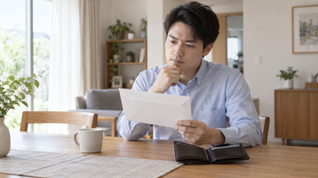 健康診断の案内と財布を前に費用を確かめる会社員