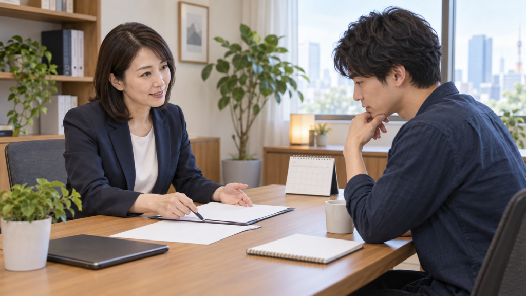 勤務資料を広げて相談員と確認する会社員