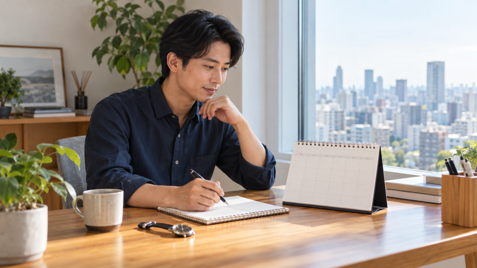 カレンダーと給与明細を見比べる会社員