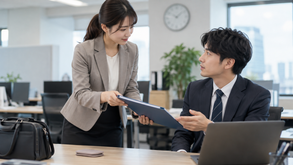 休暇前に同僚へ必要な業務を引き継ぐ会社員