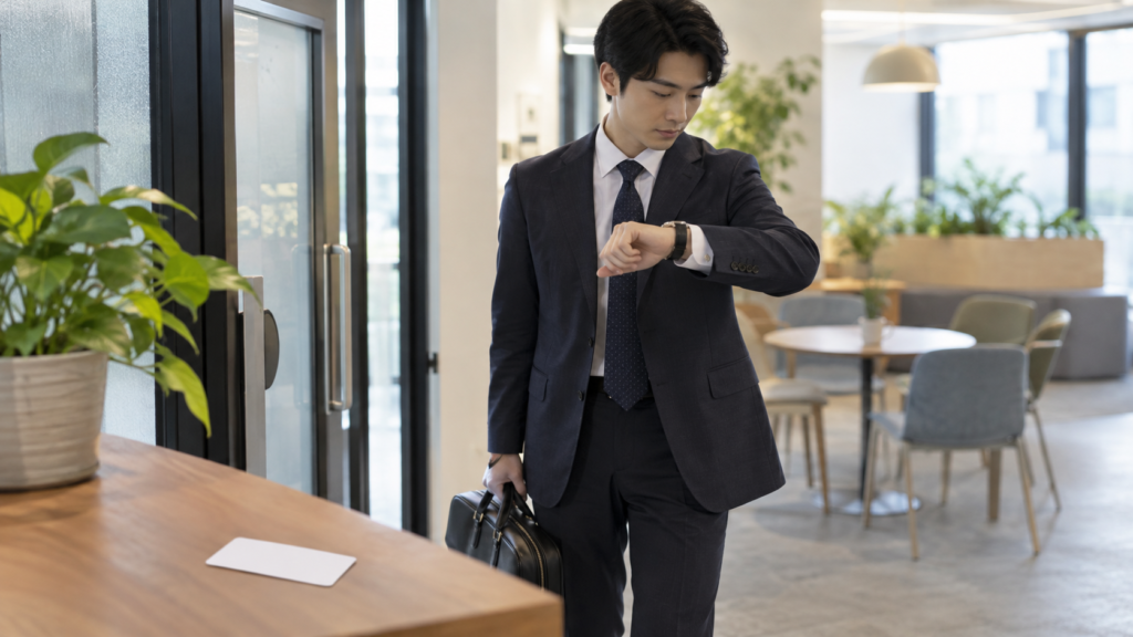 外出前に時刻と勤怠記録を確認する会社員