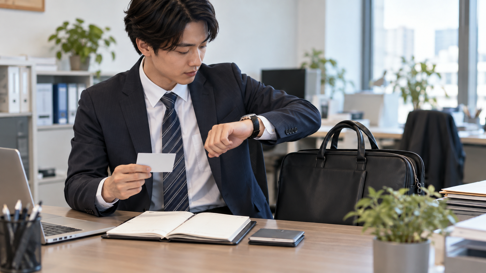 通院の予定と仕事の時間を確認する会社員