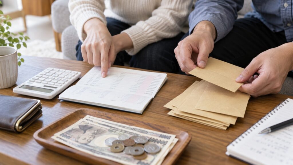 二人分の給与資料と預貯金を整理する手元