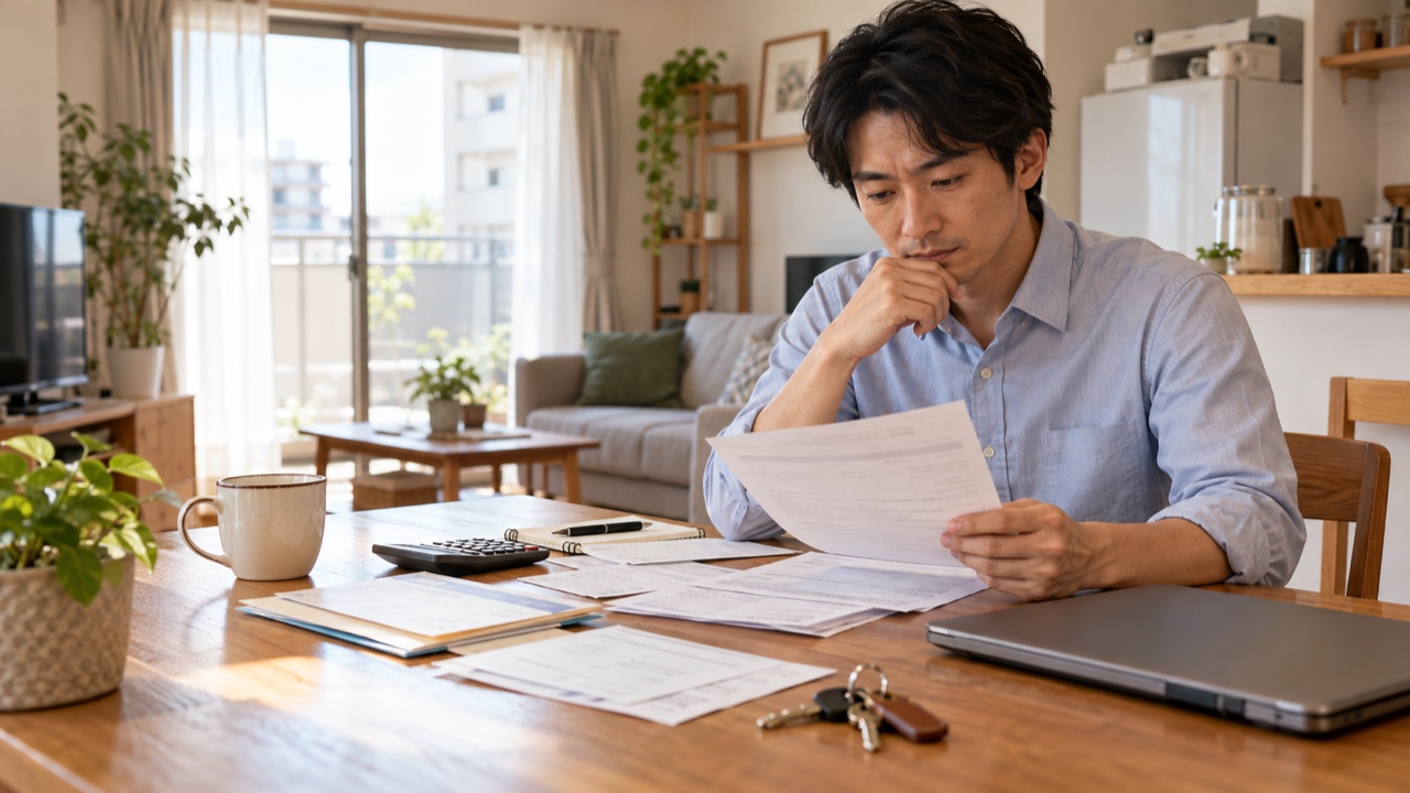 家賃の支払い資料を確認する人と賃貸住宅の鍵
