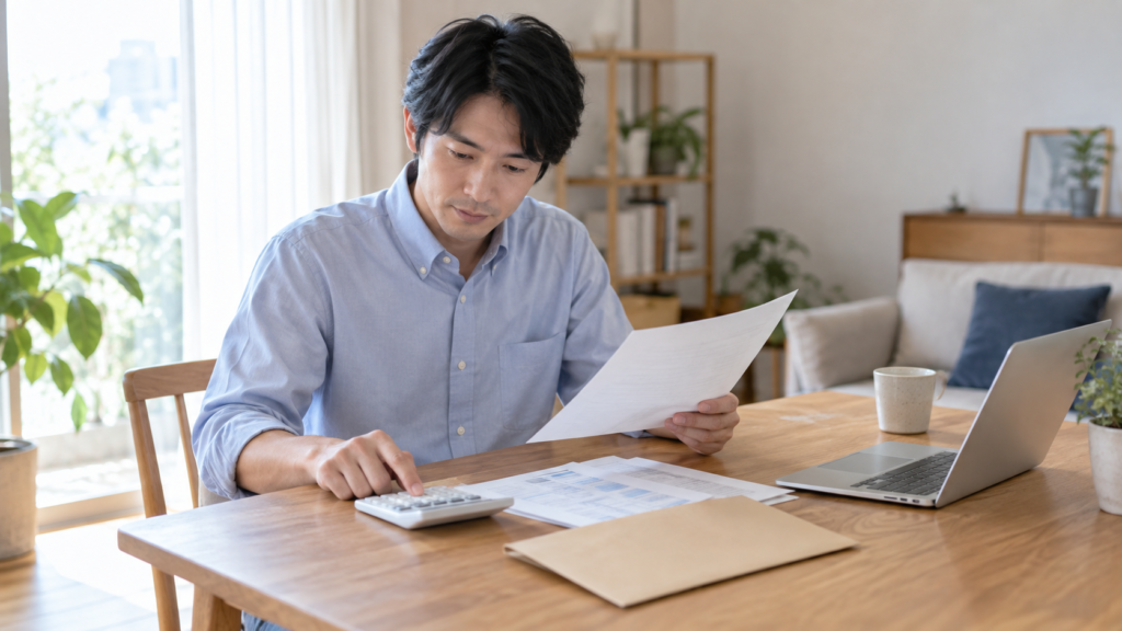 通知書類と電卓を前に内容を確かめる会社員