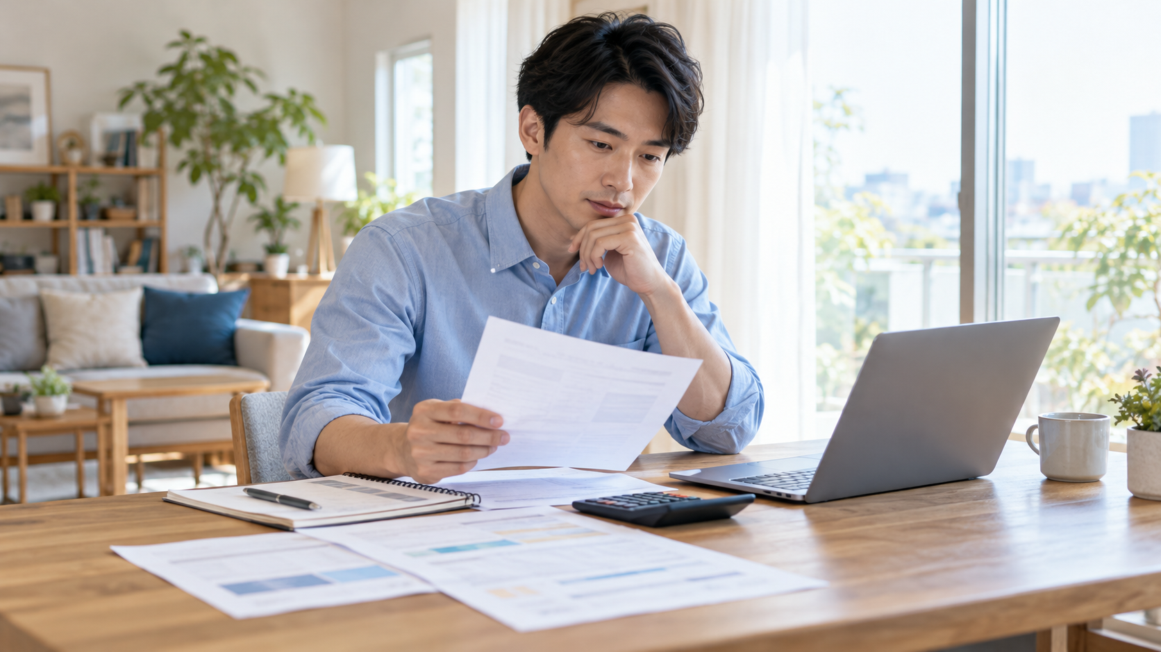 自宅で保険資料と電卓を使って退職後の手続きを確認する人