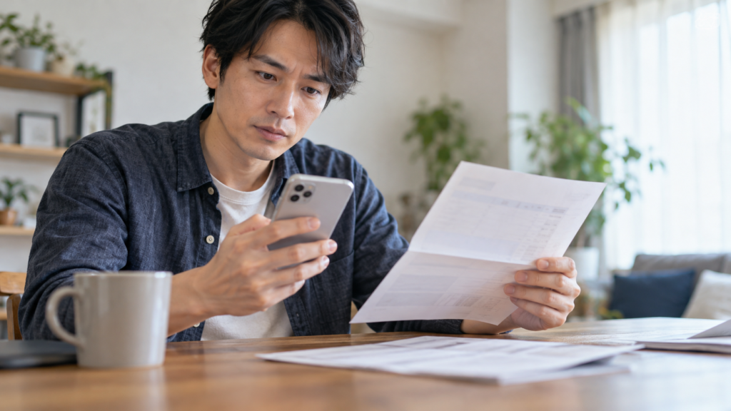 給与明細と銀行の入金履歴を見比べる働き手