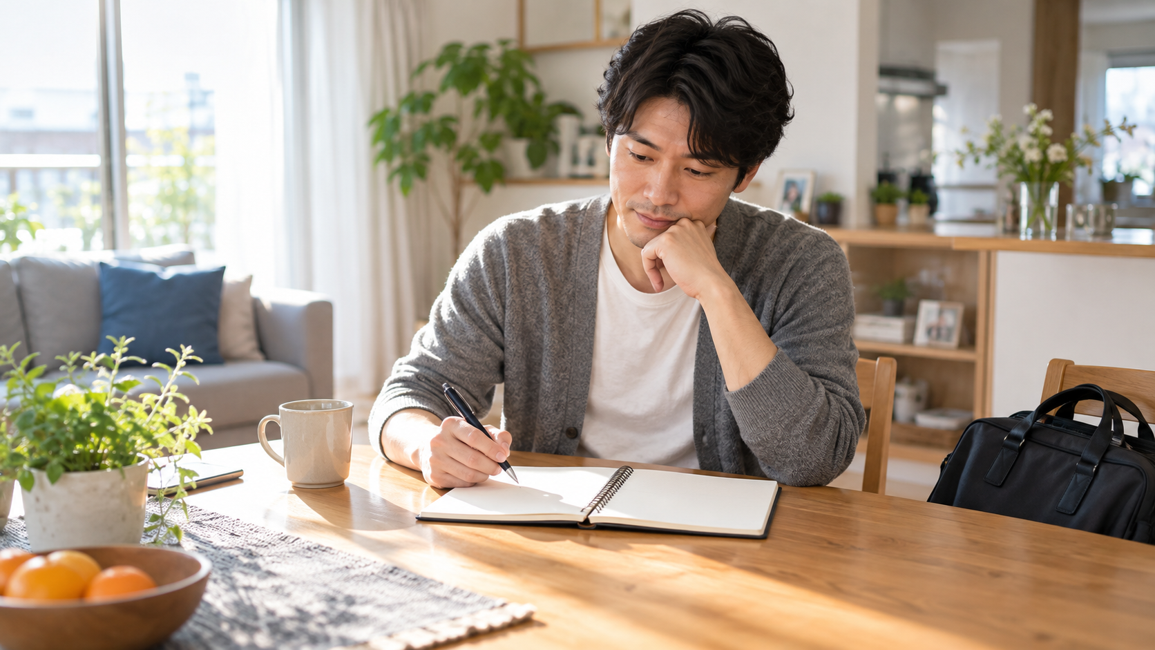 家庭のテーブルで予定を確認する会社員