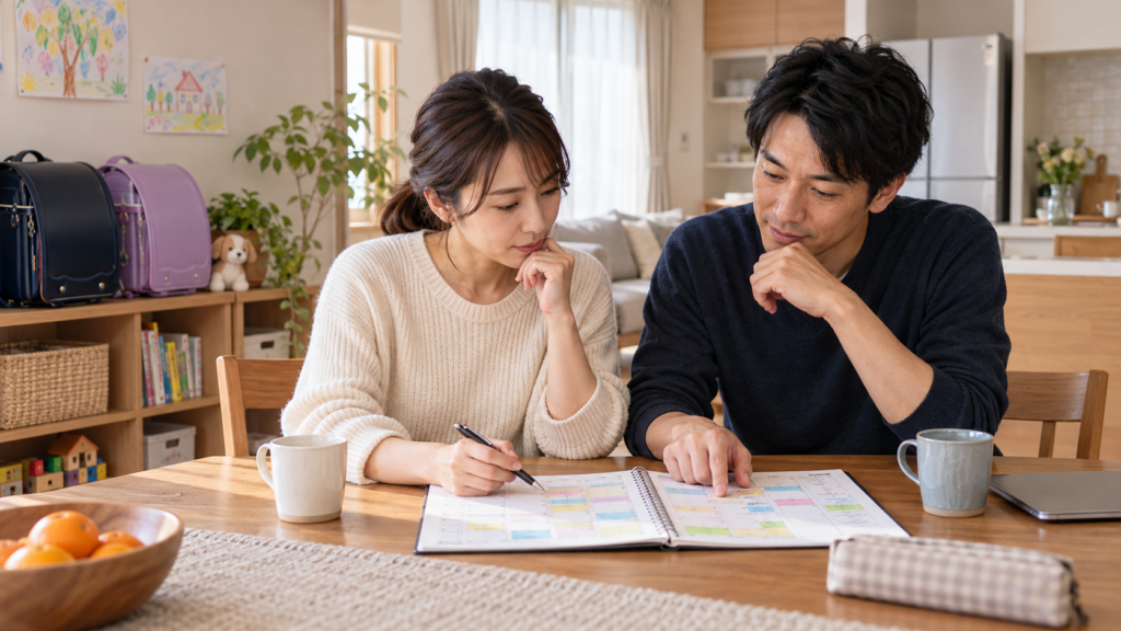 家庭のテーブルで予定表を確認する両親