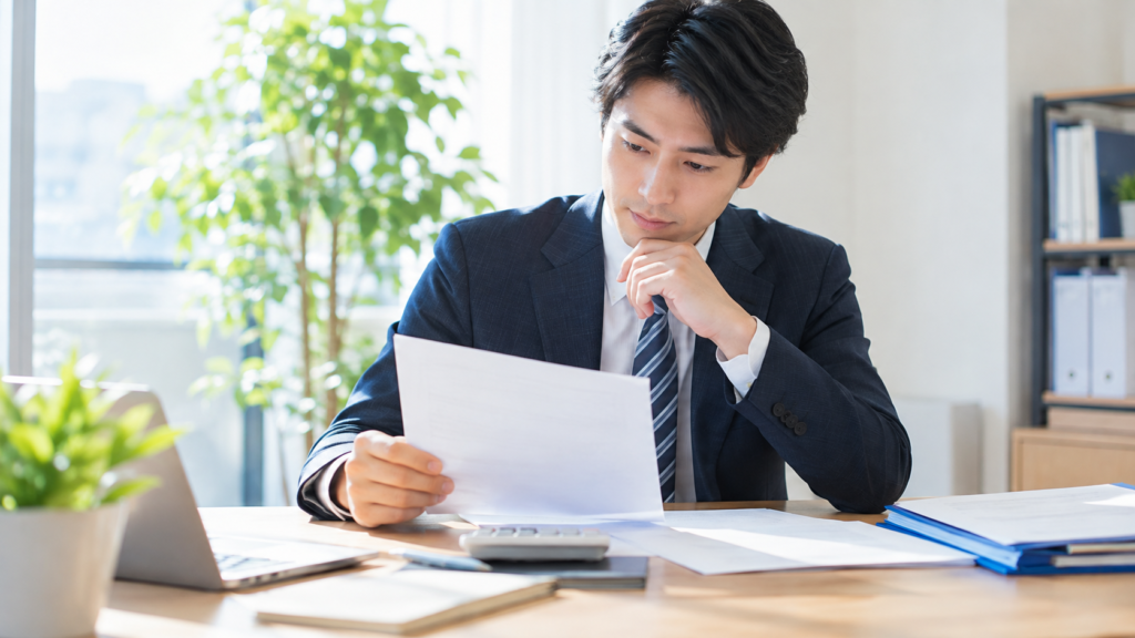 保険関係の資料と電卓を前に確認する会社員