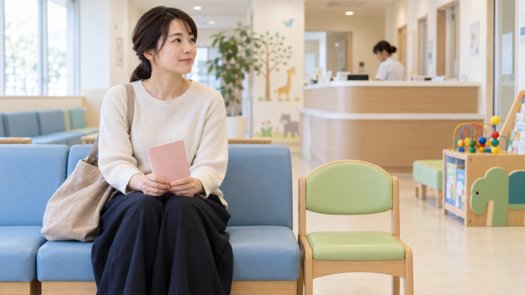 小児科の待合で手帳を持って座る親