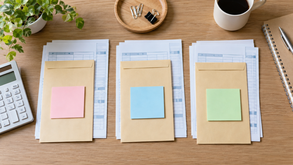 三つの束に分けた給与資料を比較する様子