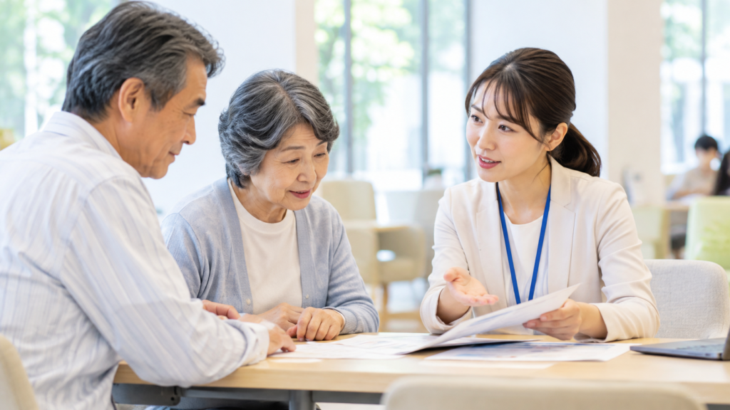 相談の席で資料を示して見積もりを確認する様子