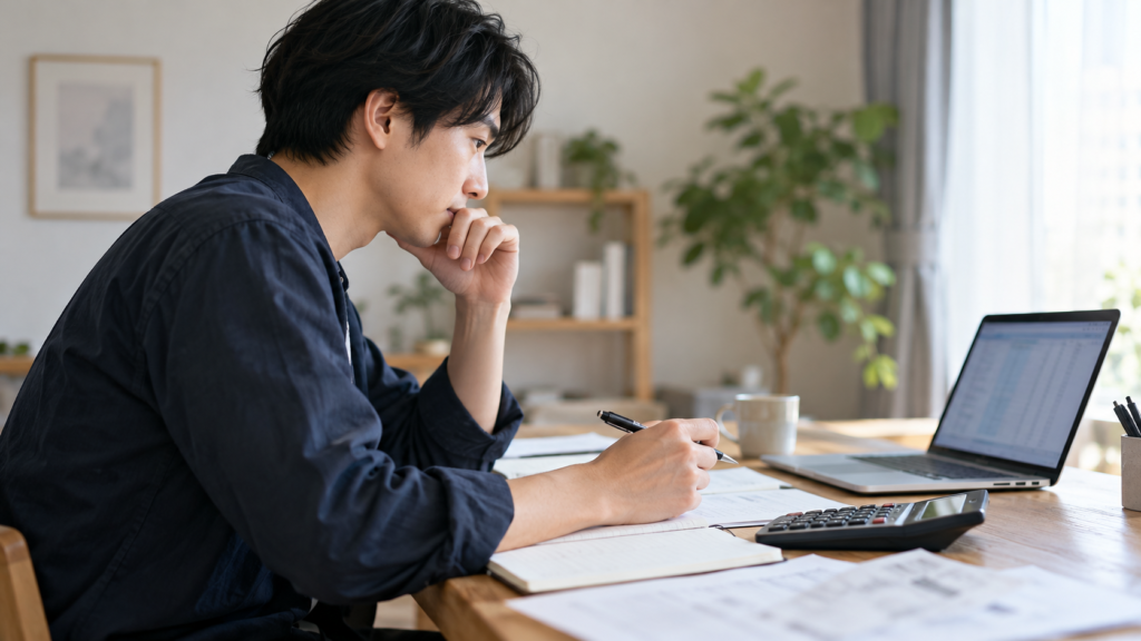 電卓と勤務記録を使い金額を確かめる人