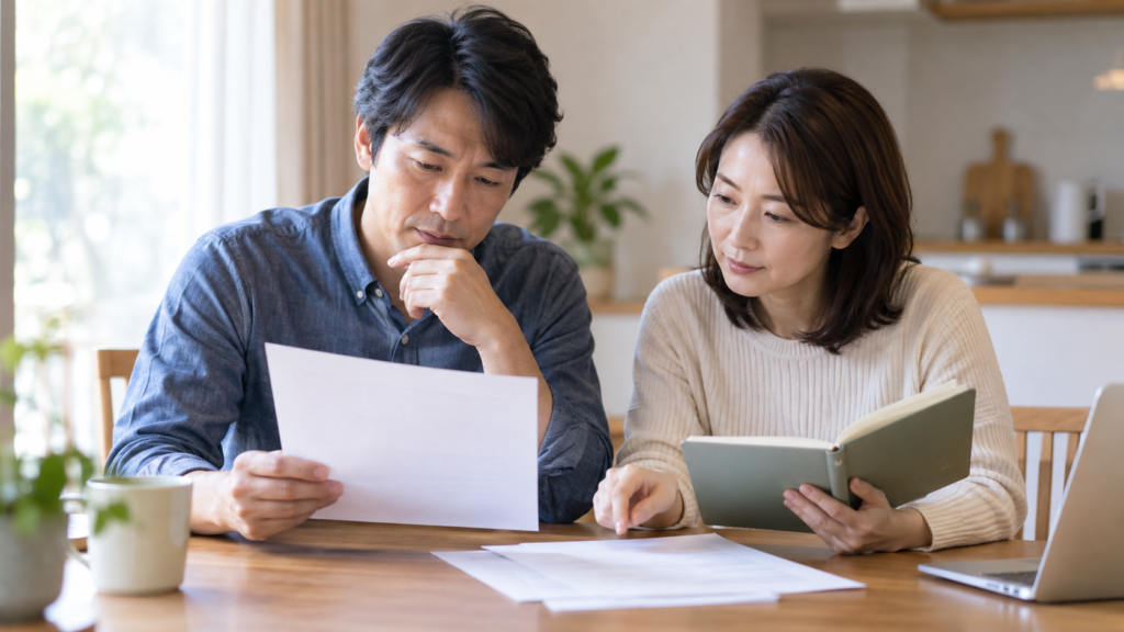 家族で書類を見ながら収入や加入先を話し合う様子