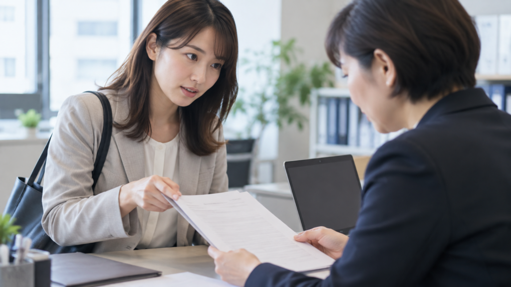 給与振込の同意書を人事担当者と確認する社員