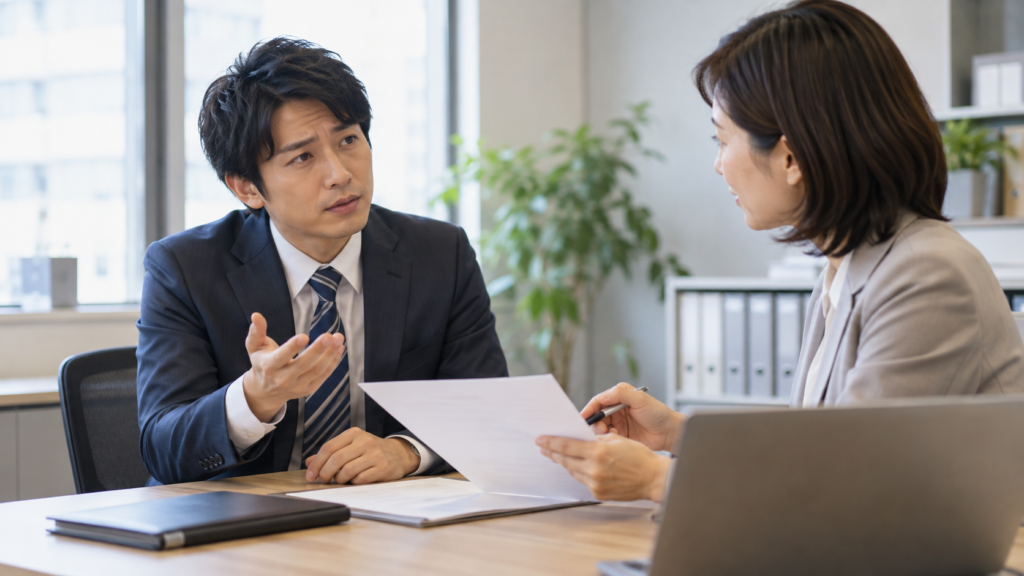 給与から引かれた手数料について給与担当者に尋ねる社員
