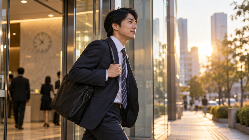 夕方のオフィスをバッグを持って退出する会社員