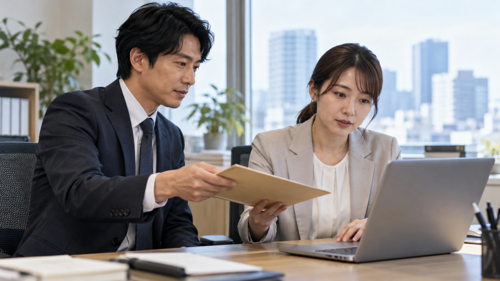 同僚と資料やパソコンを確認して業務を引き継ぐ会社員