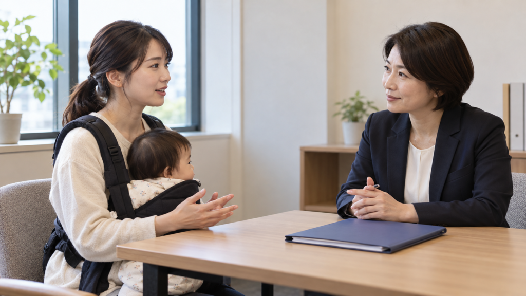 休暇申請について相談窓口の担当者と話す会社員