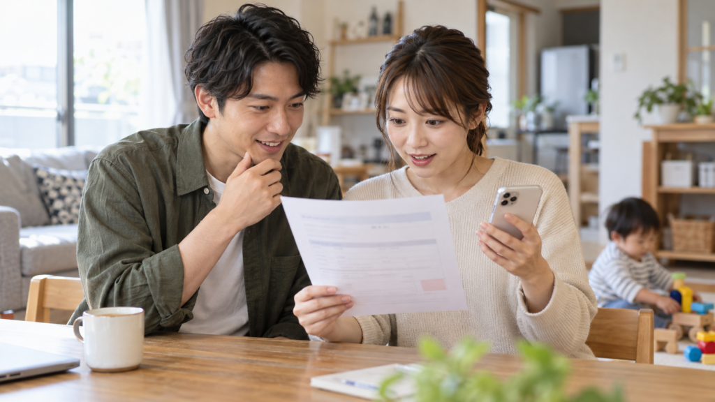 給付の通知書と口座の入金を確認する働く親