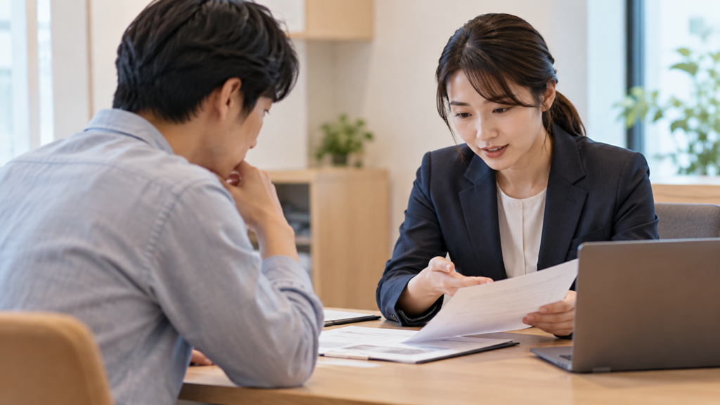 給与の控除について相談窓口の担当者へ説明する働き手
